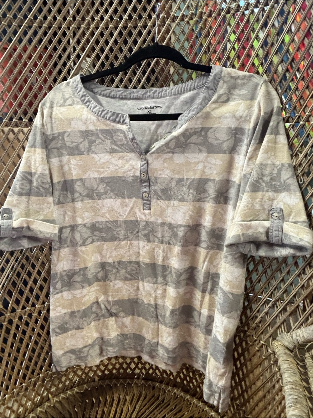 croft & barrow Beige and Gray Floral Stripe Henley